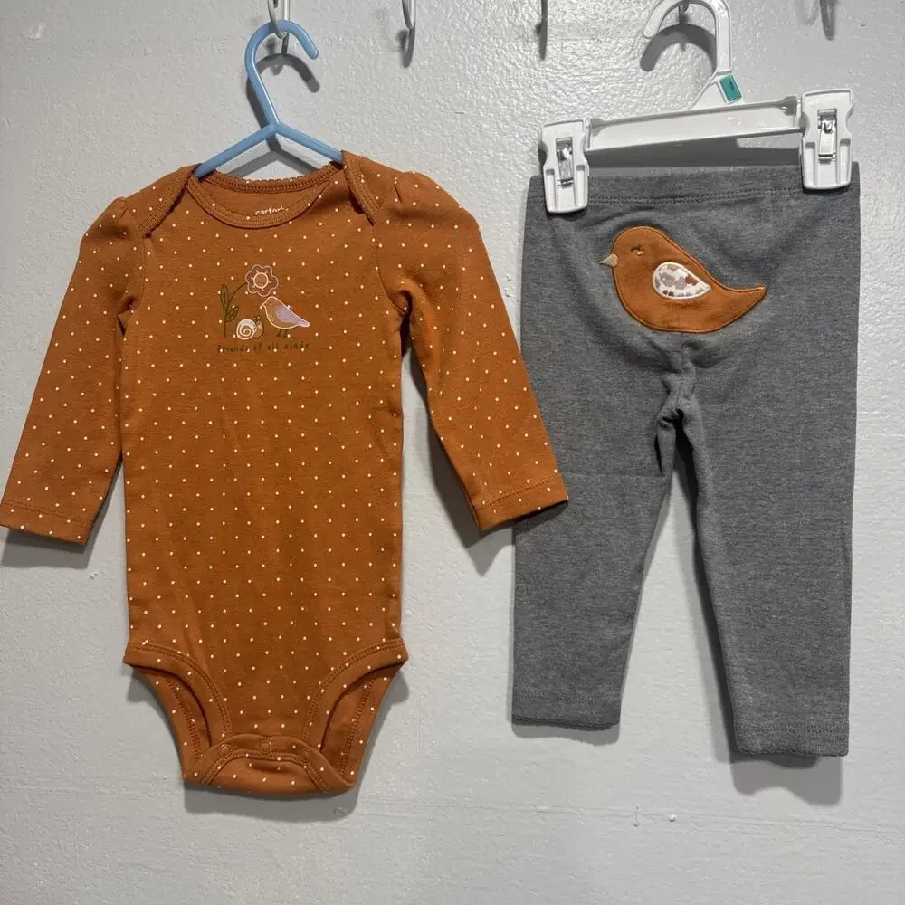 Lot of 3 Carters Baby Girls 9M Bodysuits & Pant Bird Flowers Print Brown Gray